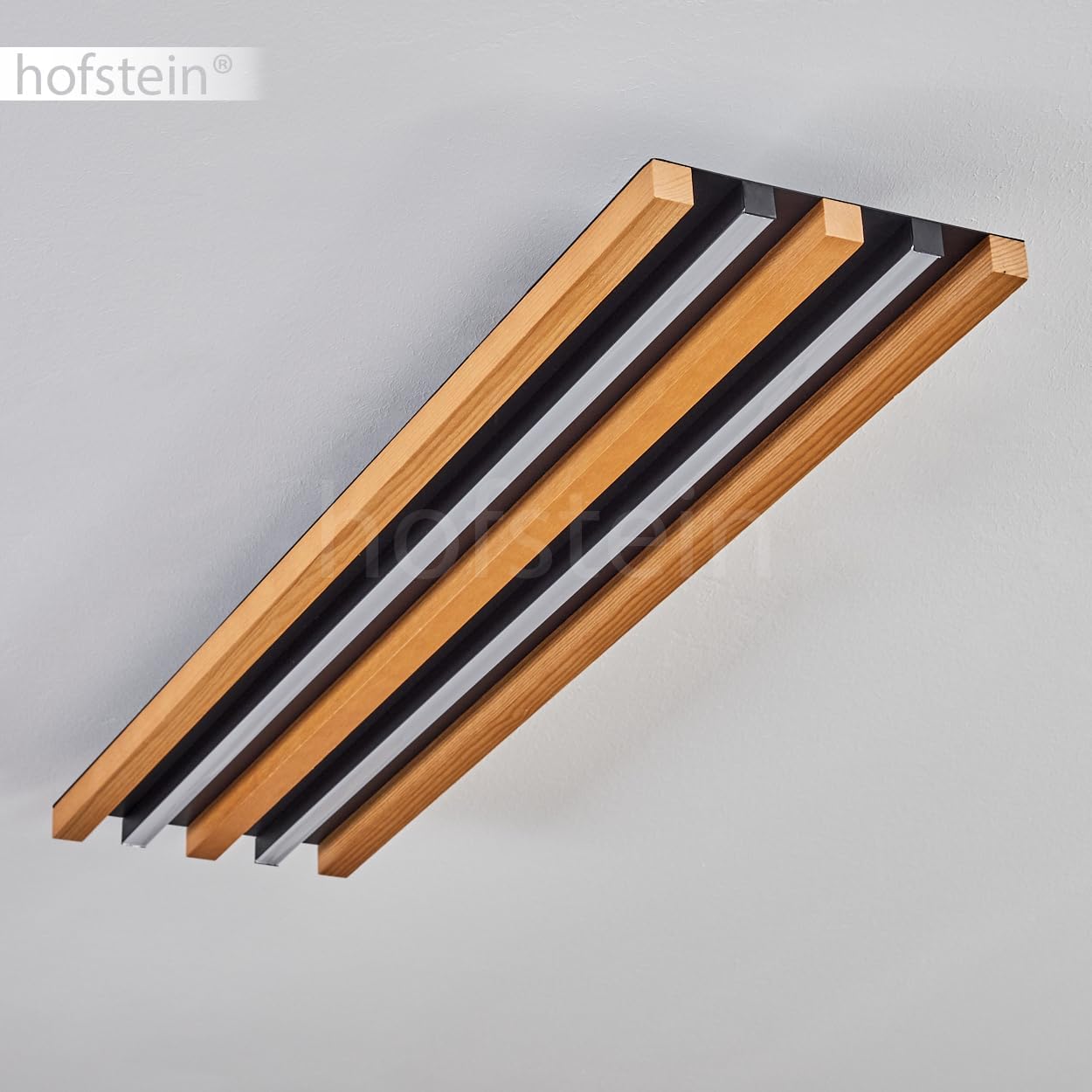 LED Deckenleuchte Favorina, dimmbare Deckenlampe aus Metall/Holz/Kunststoff in Schwarz/Natur/Weiß, 30 Watt, 3400 Lumen, 3000 Kelvin, Länge 81 cm, dimmbar über Lichtschalter