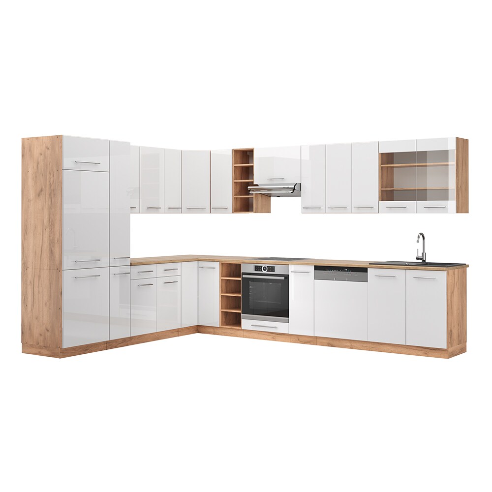 Vicco Eckküche Küchenzeile Einbauküche Fame-Line Eiche Weiß 257x347 cm modern Spülenunterschrank Unterschrank Herdumbauschrank Hängeschrank Kühlumbauschrank Apothekerhochschrank Blende