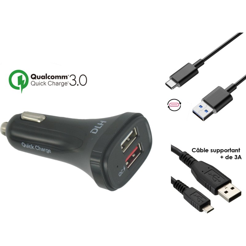 DLH Chargeur voiture USB-A Quick Charge 3.0 livre avec cable USB-C et cable micro USB. 2 ports USB dont 1 port QC Qualcomm 3.0.