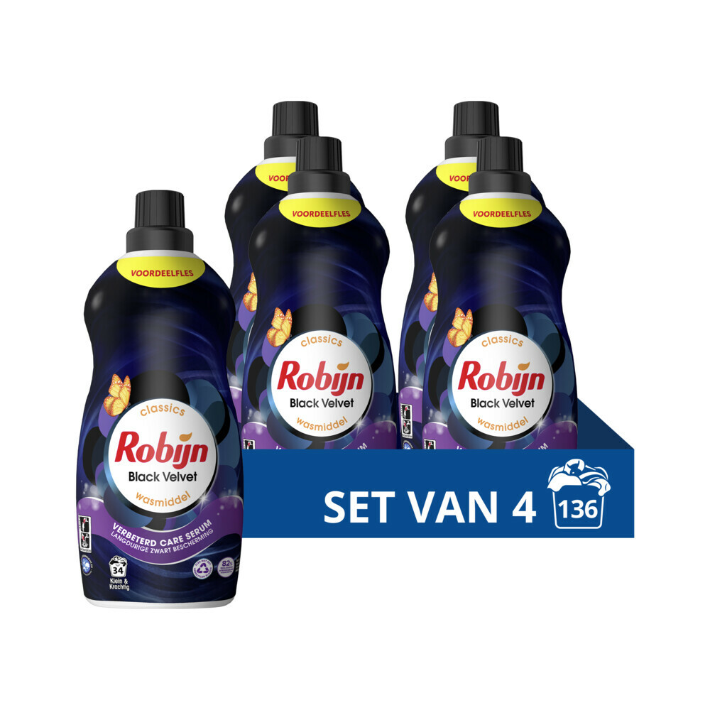 4x Robijn Klein & Krachtig Wasmiddel Black Velvet 34 Wasbeurten1,19 liter
