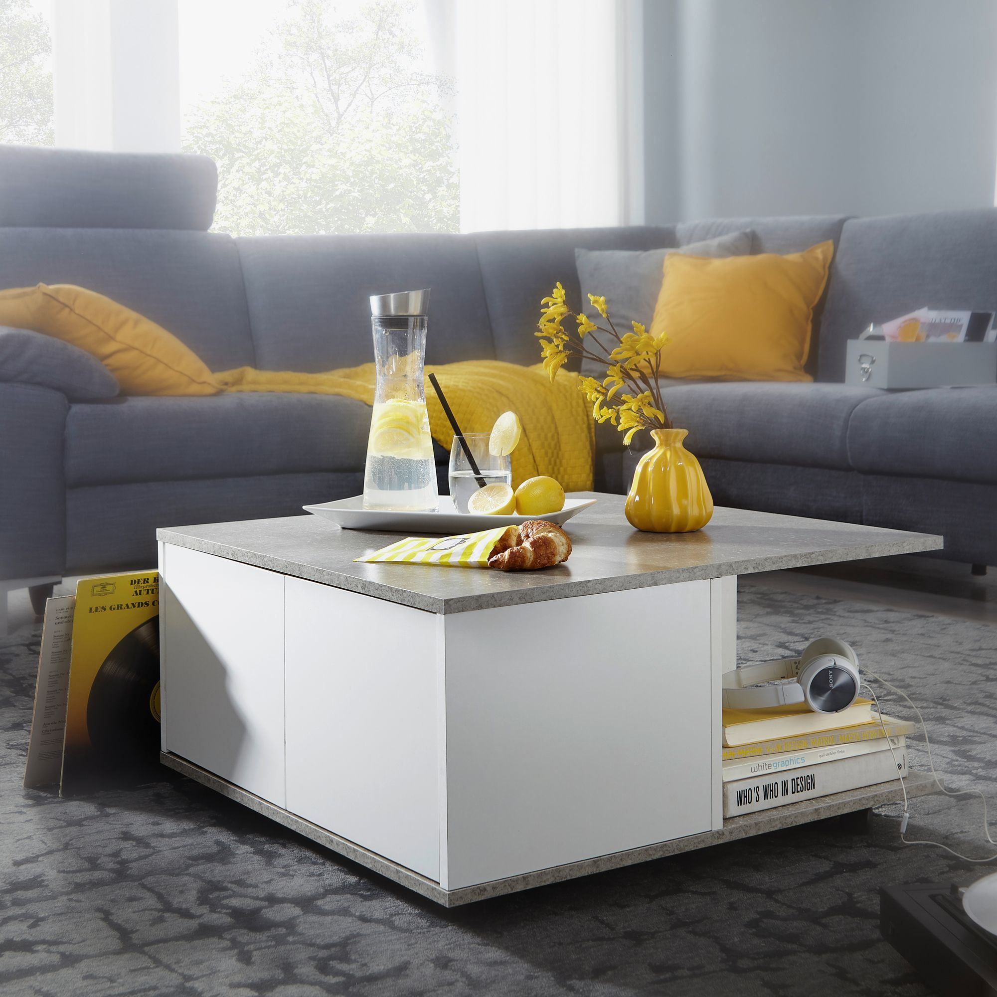KADIMA DESIGN Couchtisch RAPIDO: 70x70x36,5 cm, 2 Schubladen, Rollen, Melaminharzbeschichtung, Weiß/Anthrazit.