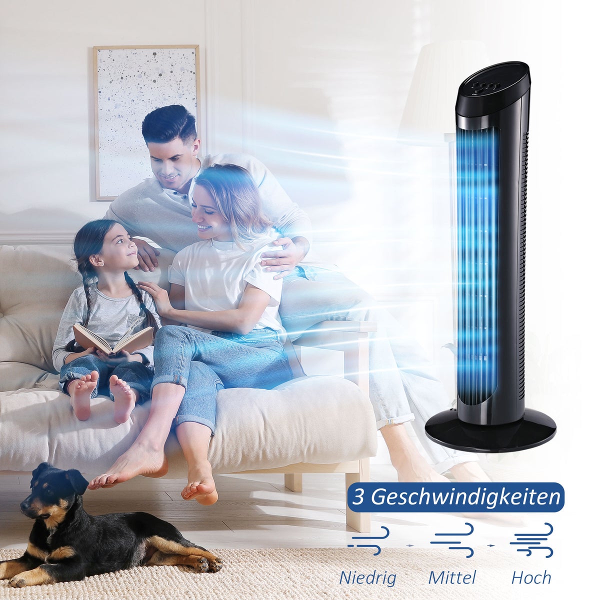 HOMCOM 45W torenventilator, stil, 3 snelheidsstanden, 70° oscillatie, ABS, zwart, Ø27 x H75 cm