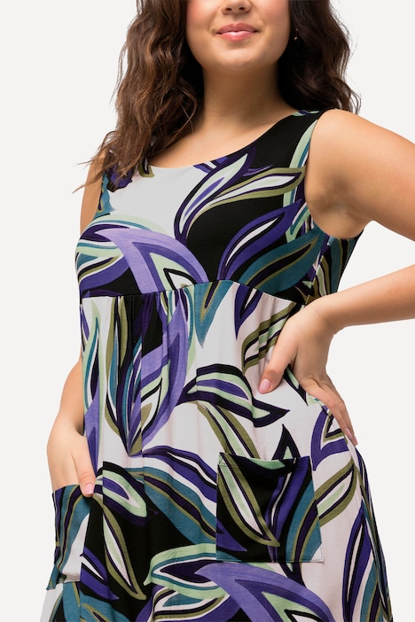 Jerseykleid, Blätter, A-Linie, Rundhals, ärmellos