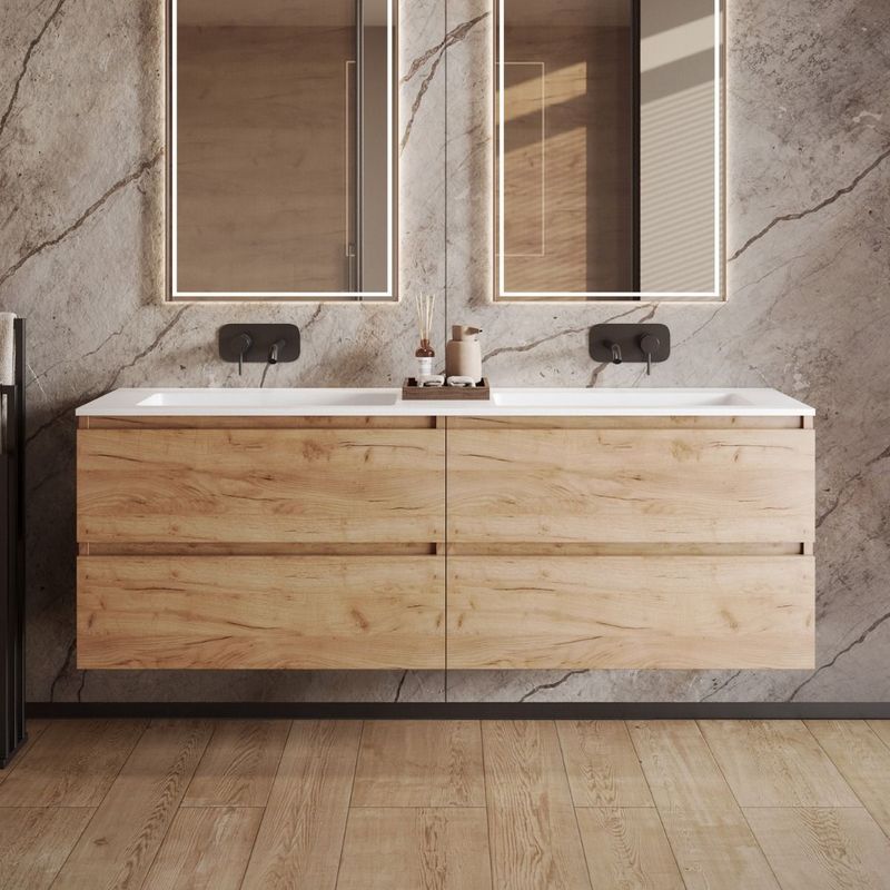 Fontana - Cosmos - Badmeubel - Warm Eiken - 160 cm met Dubbele Wastafel zonder Kraangaten