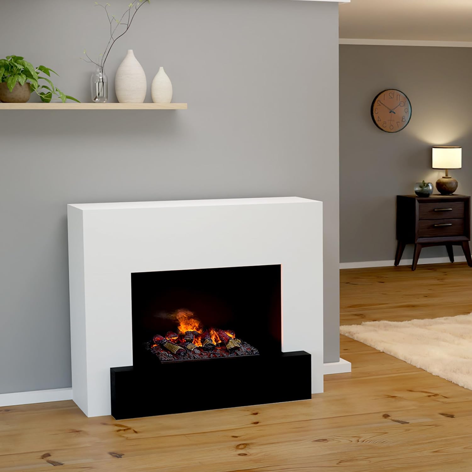 GLOW FIRE Wasserdampf Kamin HAUPTMANN (Standkamin) - Elektrokamin mit realistischen LED 3D-Flammen, Knistereffekt & Fernbedienung, 110x90x45 cm - Opti-Myst 500 Elektro Kamin mit Holz-Deko, Weiß
