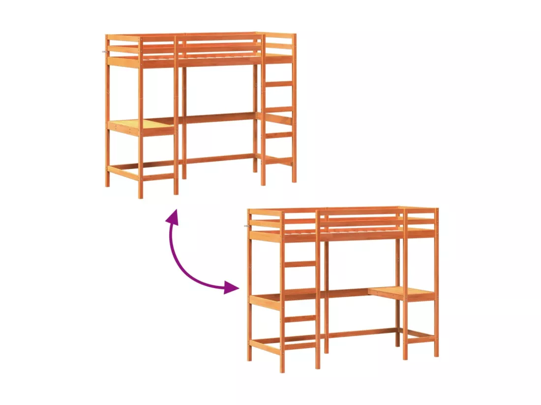 Lit superposé avec bureau cire marron 75x190 cm bois pin massif