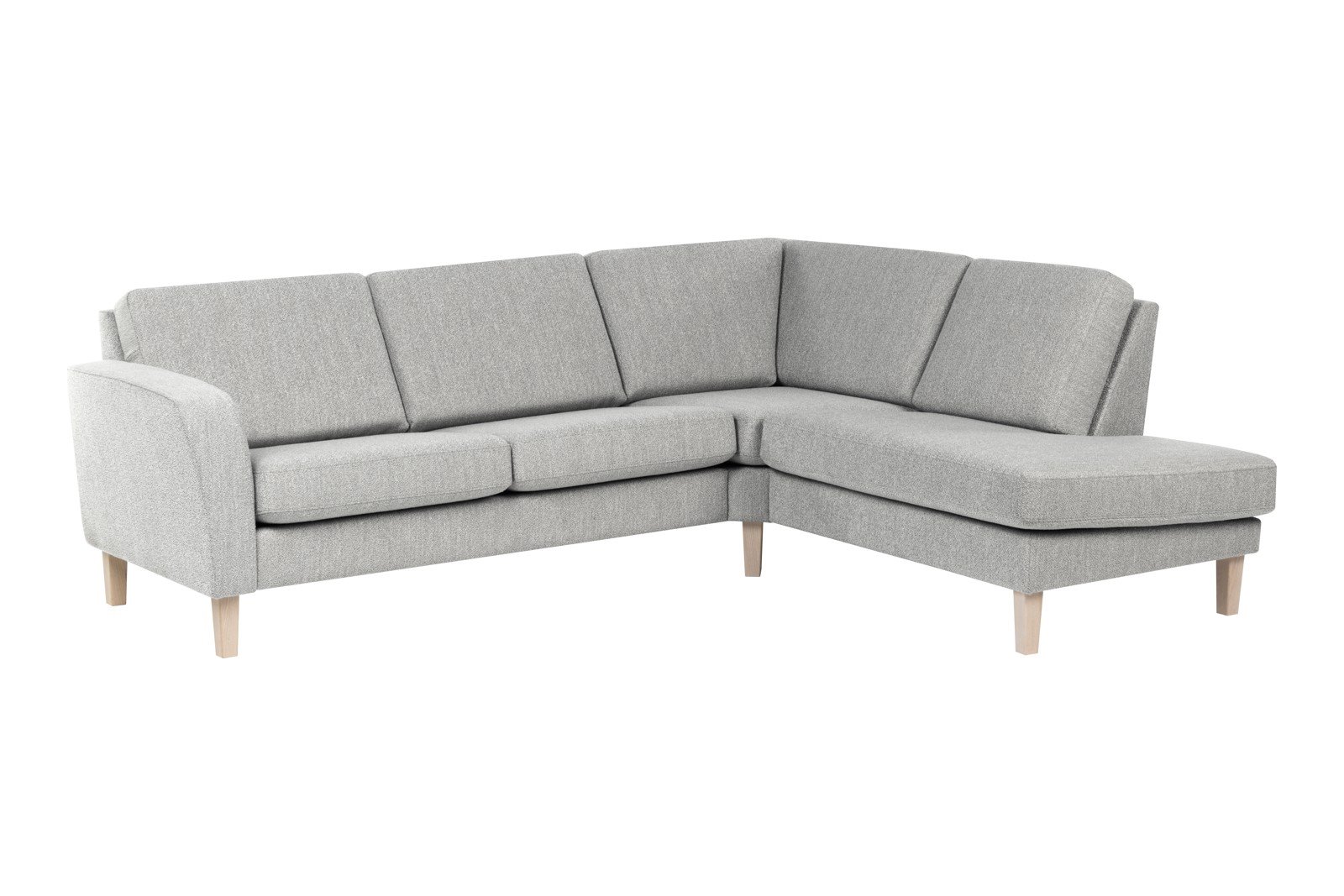 Slogen hjørnesofa Oppsett AH. 2,5-seter med åpen ende høyre. Tekstil Viva Silver med standard ryggpute. Vange A og hvitpigmentert ben 178.