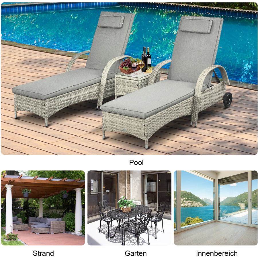 Outsunny Rattan Sonnenliegen mit Tisch grau