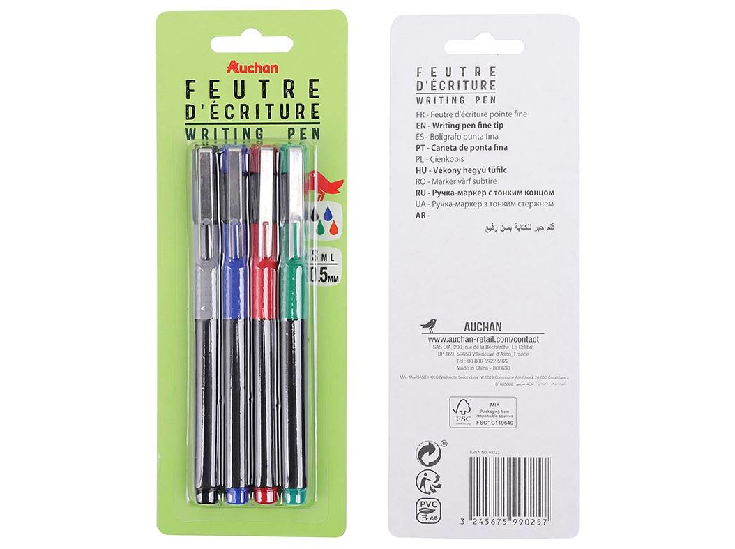 CONJUNTO DE 4 CANETAS PONTA FINA AUCHAN 4 CORES 0.5MM