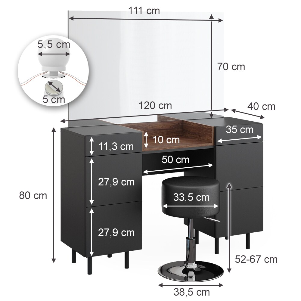 Vicco Schminktisch Anika 120 x 80 cm mit Spiegel, LED-Lampen und Hocker, Anthrazit Walnussbraun, Schlafzimmer