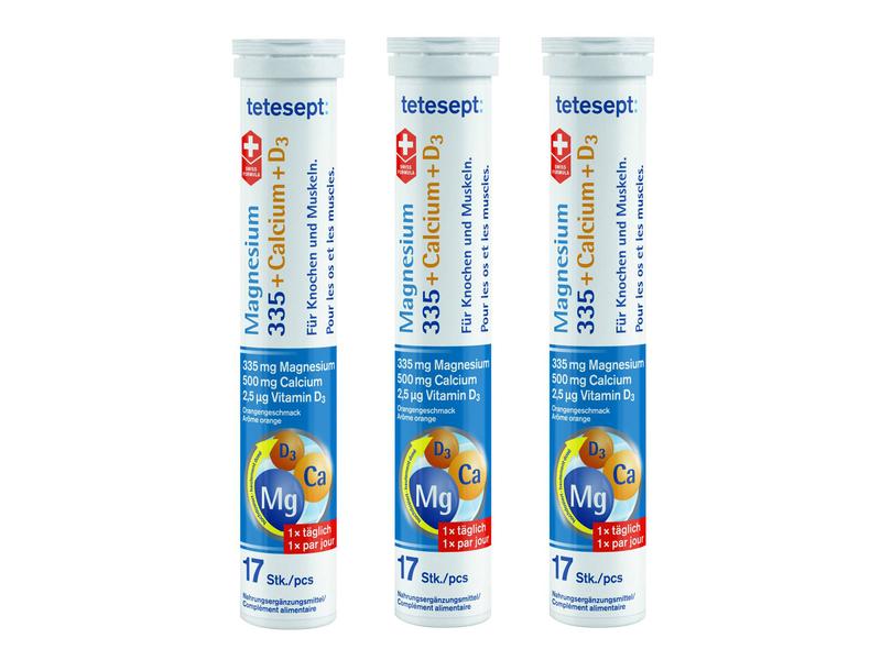 tetesept Magnesium 335 Calcium   D3 3 x 17 Brausetabletten Vegane Nahrungsergänzung mit Magnesium, Calcium und Vitamin D