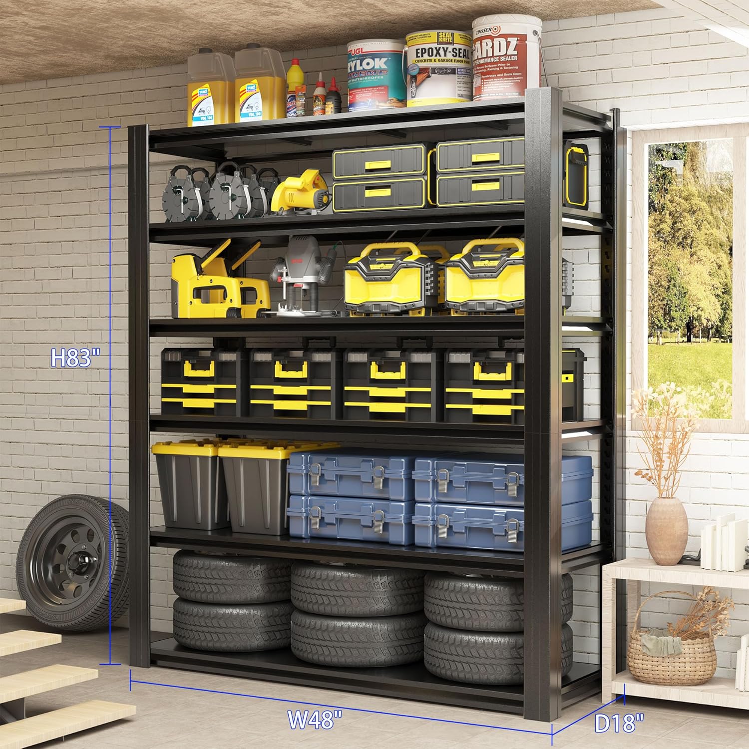 Schwerlastregal, 6 Etagen Lagerregal, Kellerregal Metall, TxBxH 45 x 120 x 210 cm, bis 1200 kg belastbar, Regal für Garage und Abstellraum, Steckregal, Werkstattregal, Schwarz