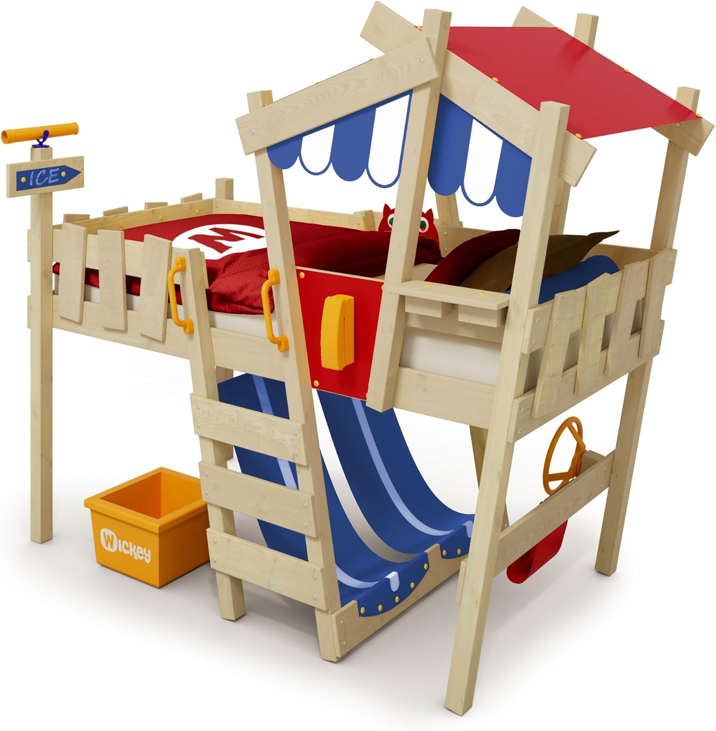 Wickey Kinderbett, Hochbett Crazy Hutty aus Massivholz & weiterem Spielzeugzubehör 90 x 200 cm – Plane rot/blau - Hausbett für Kinder - individuell Gestaltbar