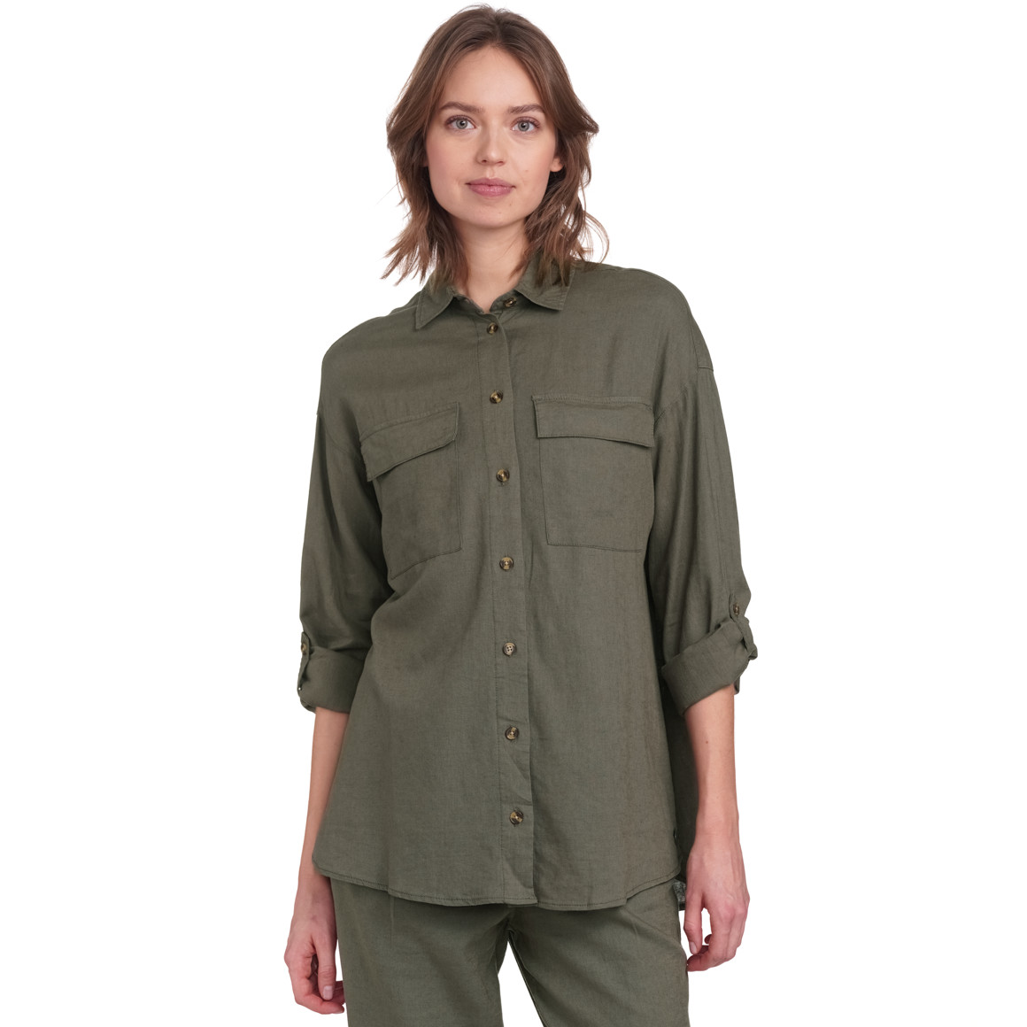 Gina Collection Damen Leinen-Bluse unifarben oliv