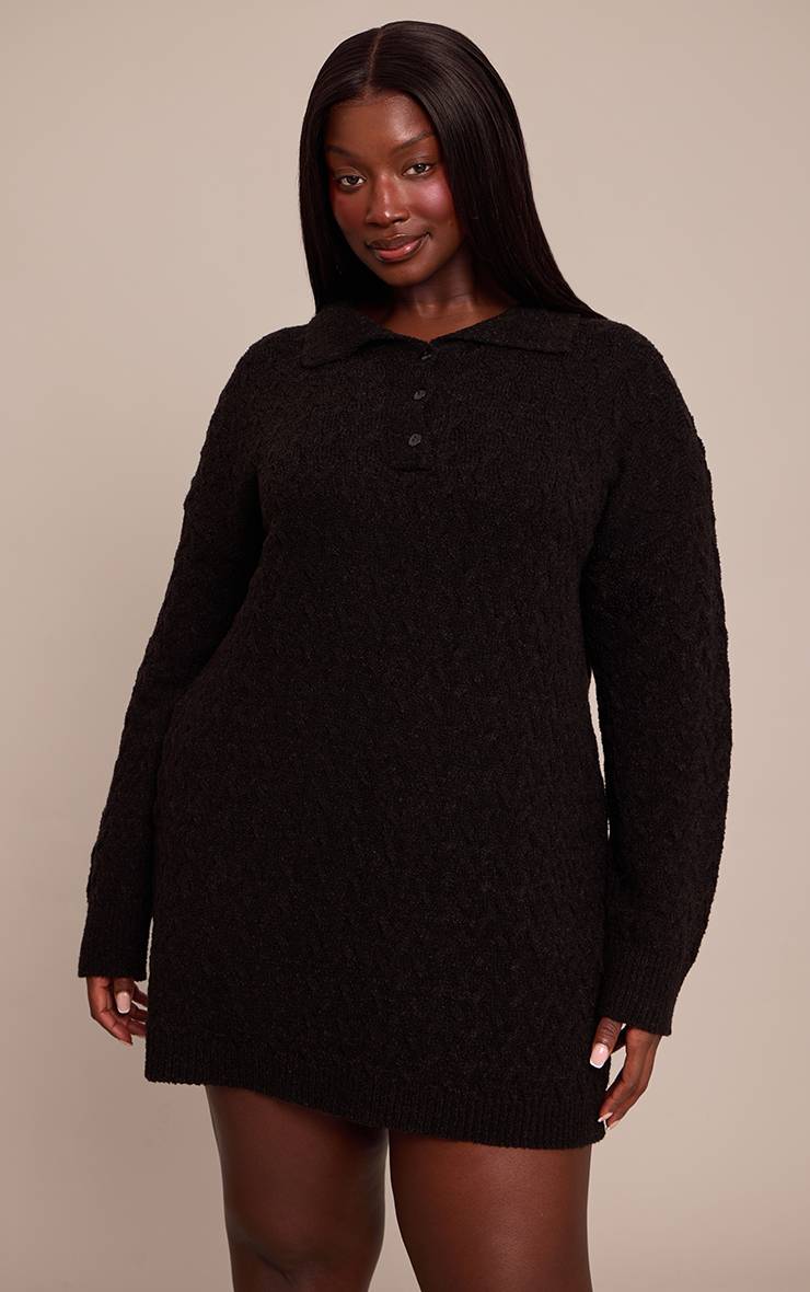 Noir Robe Chemise Mini En Maille Bouclée Torsadée Grande Taille