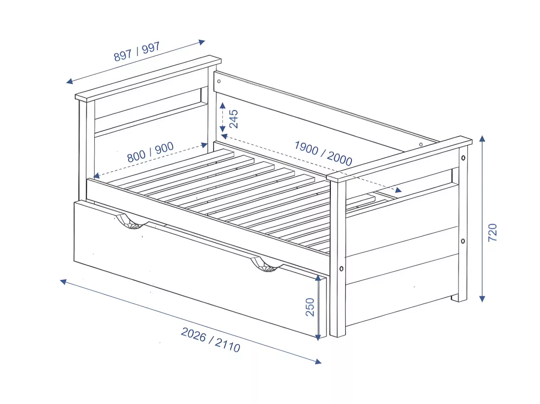 Lit banquette gigogne 90x200 cm bois massif bois naturel IZAO