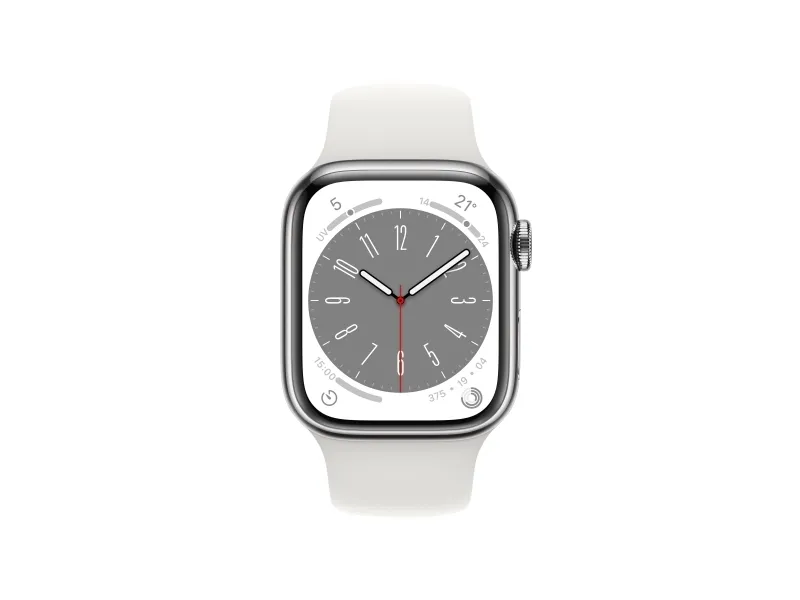 Apple Watch Series 8 (GPS   Cellular) - 41 mm - sølv rustfrit stål - smart ur med sportsbånd - fluoroelastomer - hvid - båndstørrelse: Almindelig - 32 GB - Wi-Fi, Bluetooth, LTE, UWB - 4G - 42.3 g