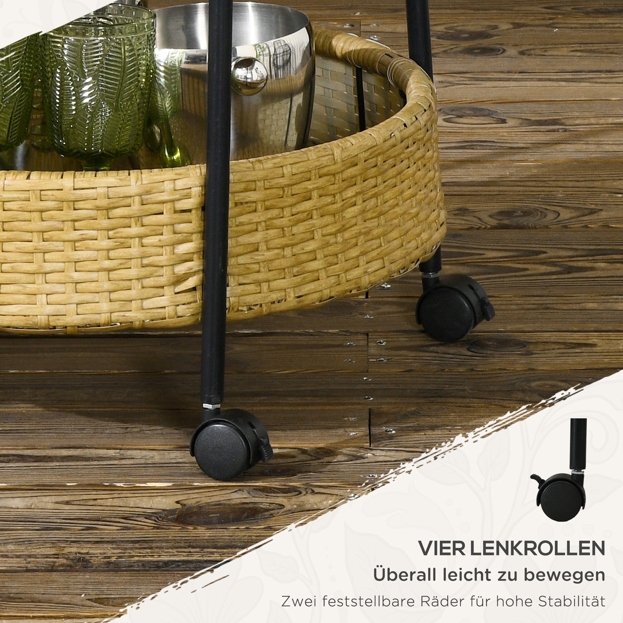 Outsunny Servierwagen mit 2 Flechtkorbebenen gelb Ø50 x 66Hcm