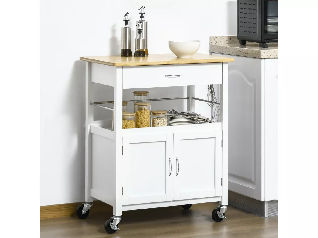 Desserte de cuisine multi-rangements - dim. 73L x 50l x 91H cm - poignées métal MDF blanc plateau bois bambou verni
