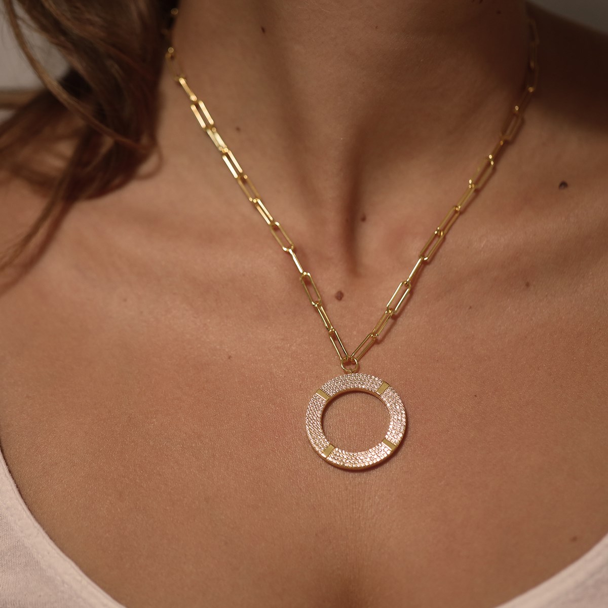 Collier Argent Doré Cercle Sertie De Zirconiums Blanc