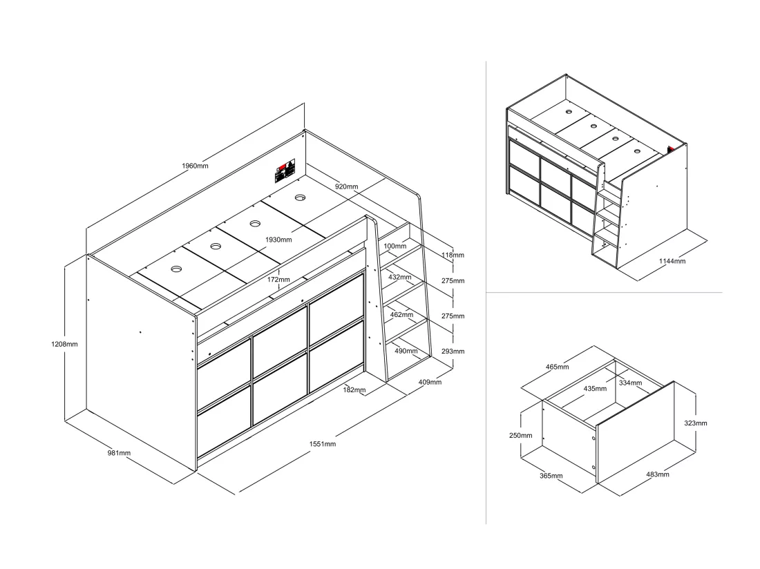 Lit mi-hauteur 90 x 190 cm avec 6 tiroirs - Blanc + Matelas - CAMALETI