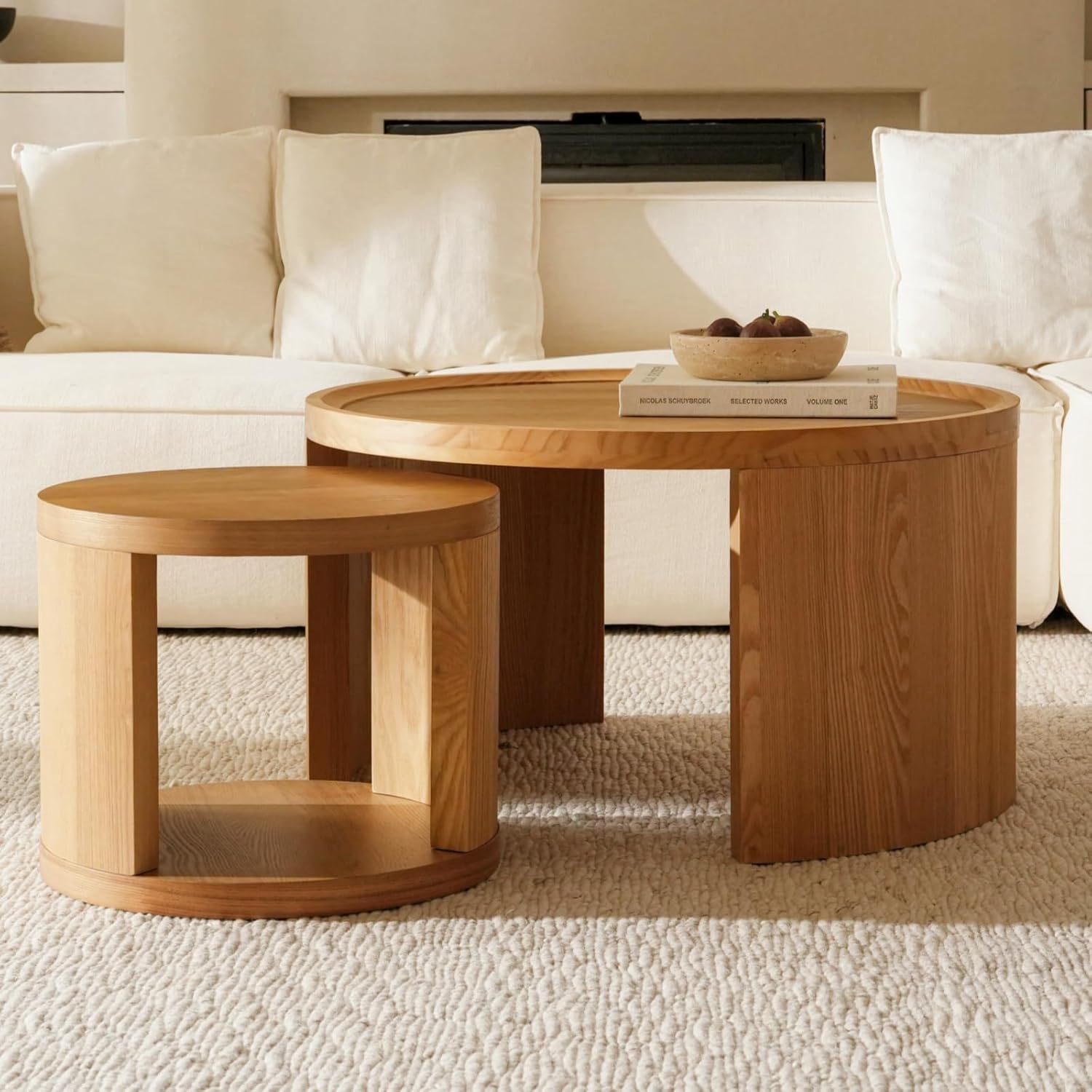 Couchtisch Rund 2er Set,Runder Couchtisch Holz,Wohnzimmertisch Rund Modern,Kaffeetisch Set aus Holz,Couchtisch Rund mit Stauraum,Sofatisch & Beistelltisch für Wohnzimmer,Ø80+Ø46 cm,Natur