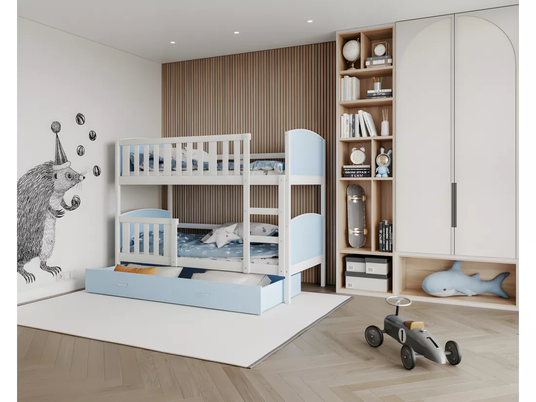 Lit Superposé Tami 90x190 (Sans Matelas) Blanc - bleu Livré avec le sommiers et tiroir.