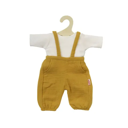 Heless Puppen-Latzhose aus 100 % Bio-Baumwolle, honiggelb, mit weißem T-Shirt, 2-teilig, Gr. 28-35 cm