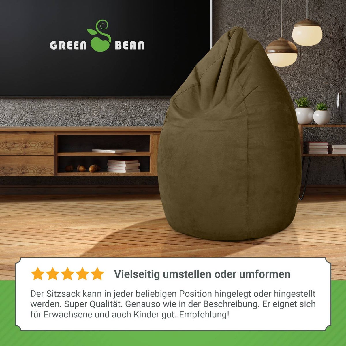 Green Bean Zitzak met rugleuning 60x60x90cm - Binnenzitkussen 220L vulling, comfortabel, wasbaar - Zitzak vloerkussen, loungestoel, voetenbank - Olijfgroen