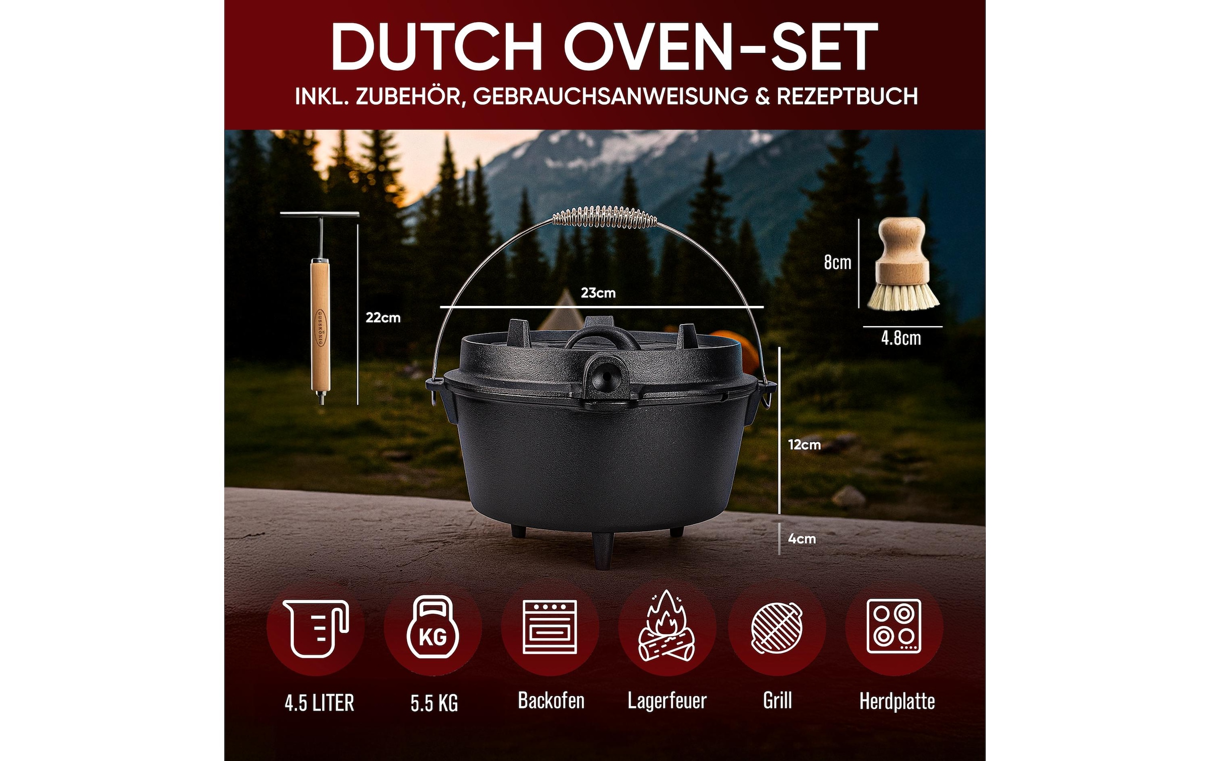 Grilltopf »Gusskoenig Dutch Oven Set 4,5 l mit Deckelheber, Bürste« Gusseisen