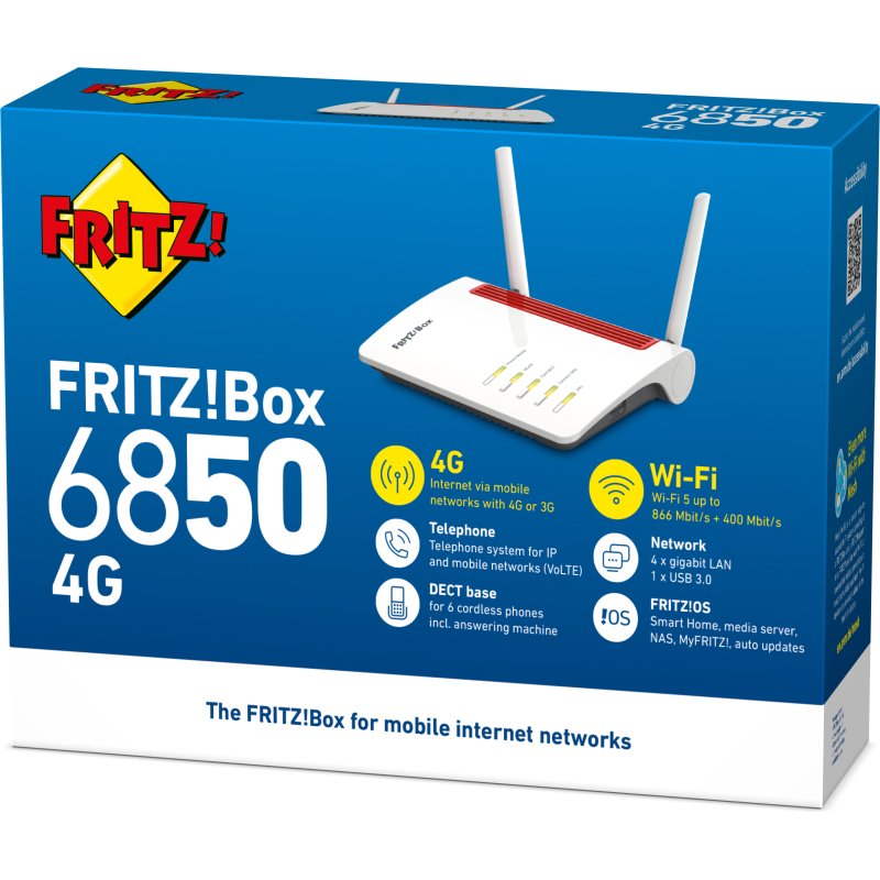 Box FRITZ! 6850 4G International routeur sans fil Gigabit Ethernet Bi-bande (2,4 GHz / 5 GHz) Blanc