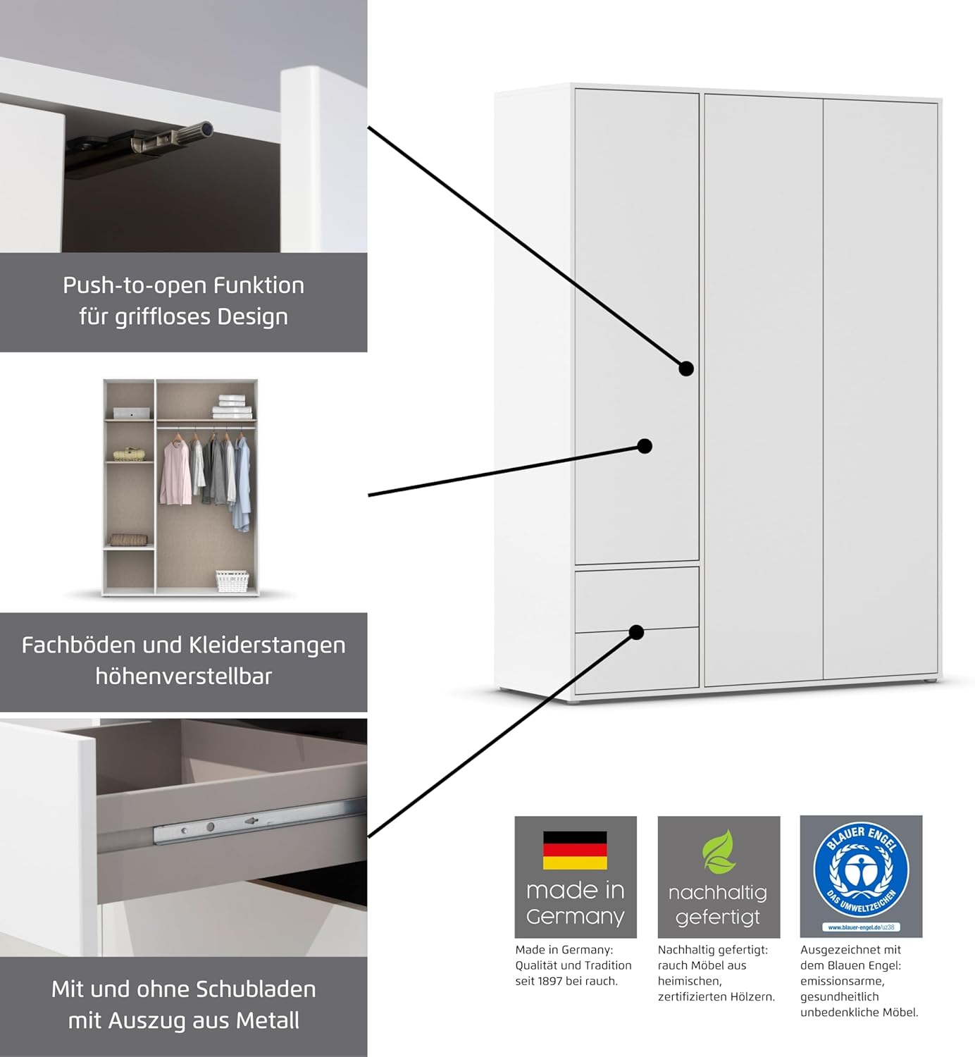 Rauch Möbel Nabila Kleiderschrank für Schlafzimmer, Kinderzimmer, Jugendzimmer, Flur, 3-türig, 2 Schubladen, Push-to-Open, mit Zubehör Classic, Farbe Weiß, Breite 140 cm