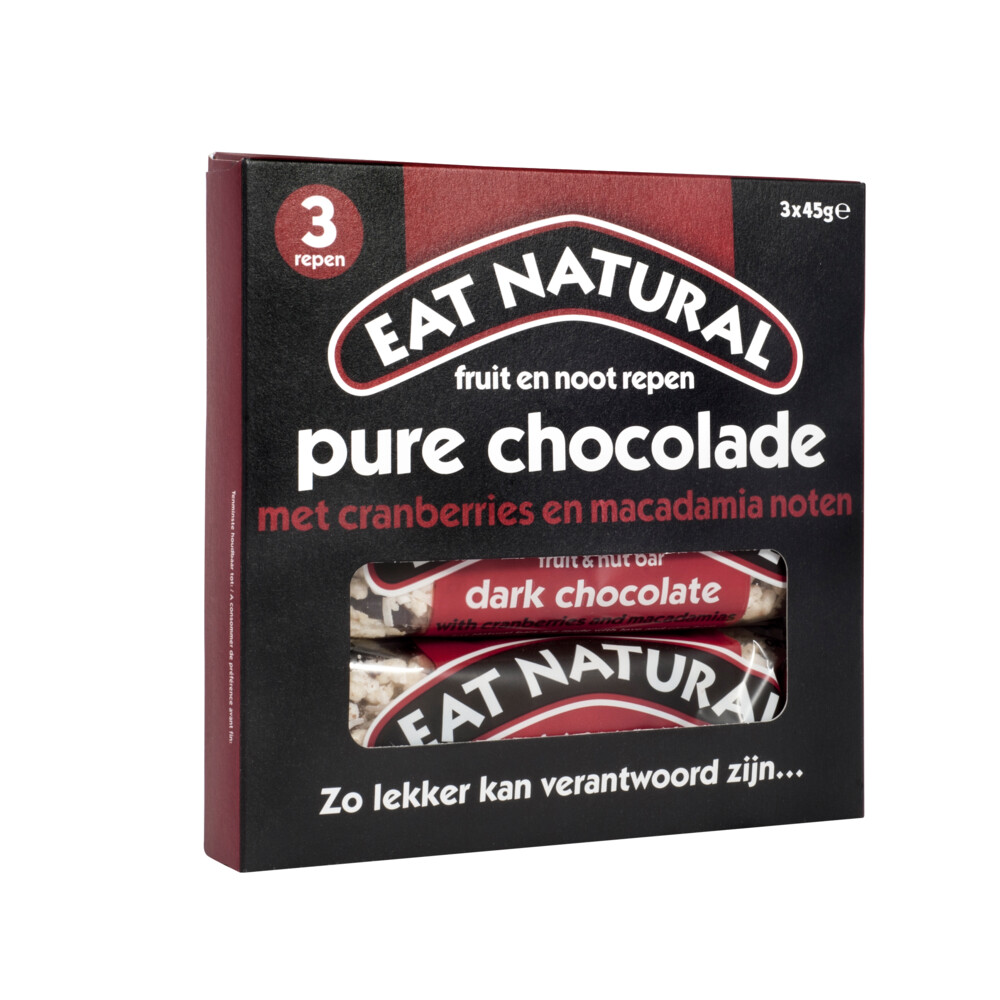 12x Eat natural Fruit Bar Pure Chocolade met Cranberries en Macadamia noten3 x 45 gr
