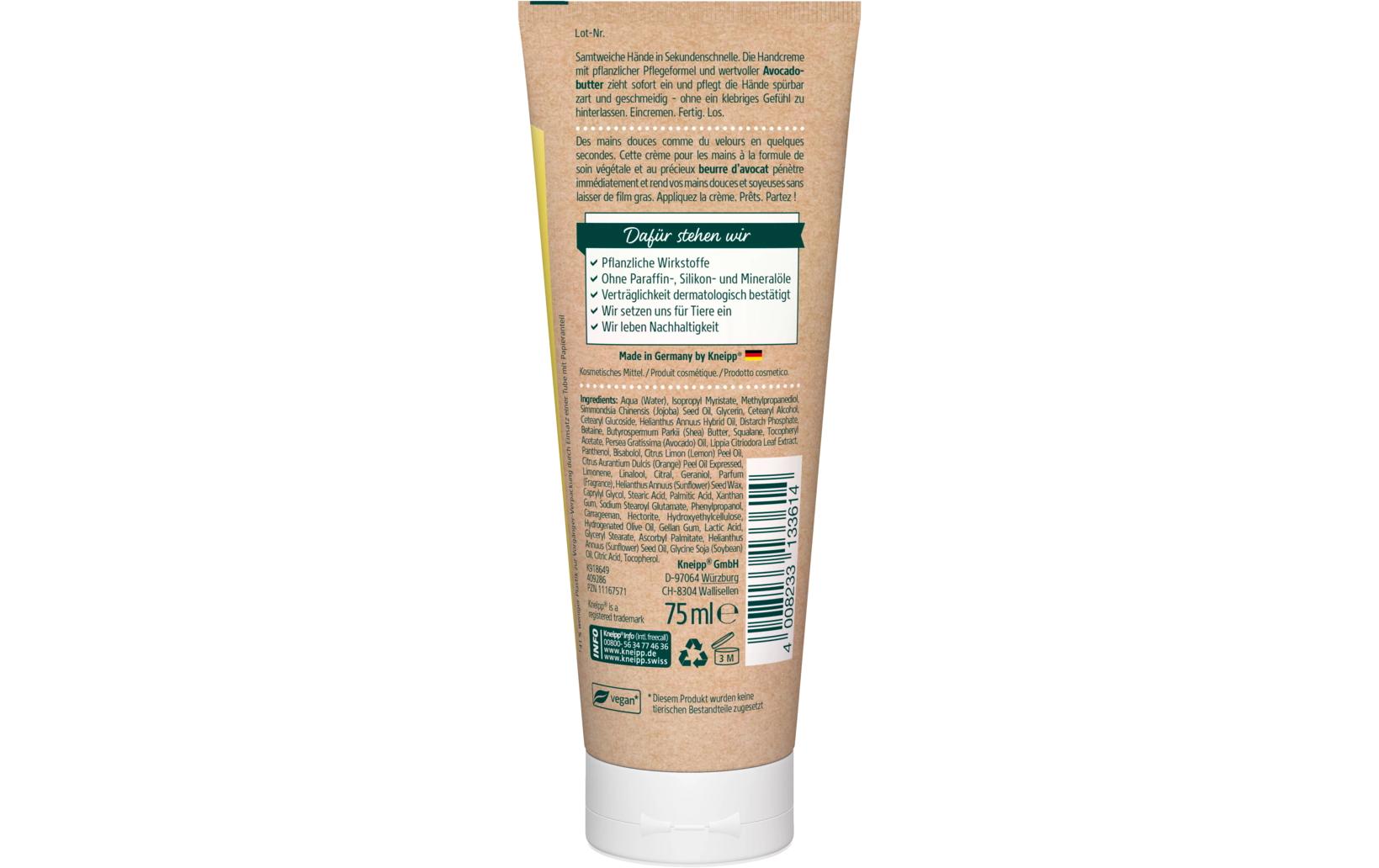 Sekunden Handcrème 75 mlNatürliche Handpflege mit Avocadobutter, Jojobaöl und Zitronenverbene