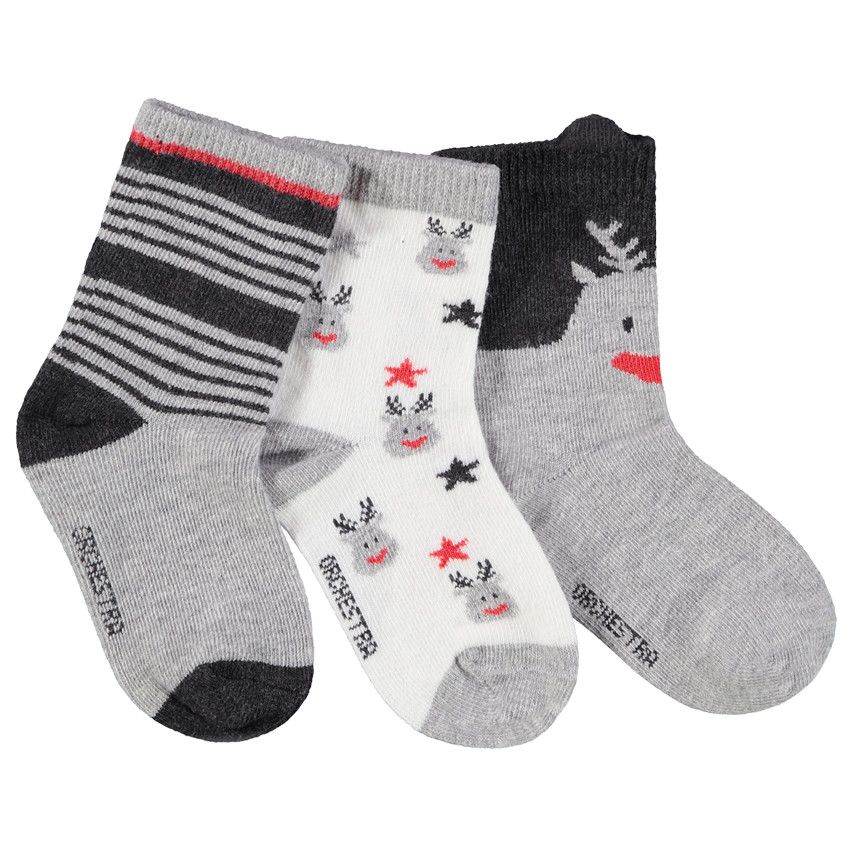 Lot de 3 paires de chaussettes esprit de Noël pour bébé garçon - Gris chiné