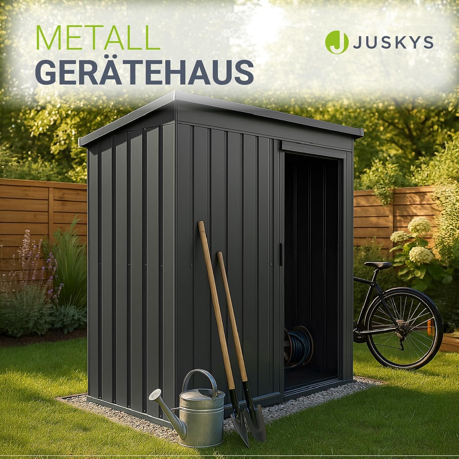 Juskys Metall Geräteschuppen S – Dunkelgrau, wetterfest mit Fundamentrahmen, Schiebetür & abschließbar - für Garten & Aufbewahrung