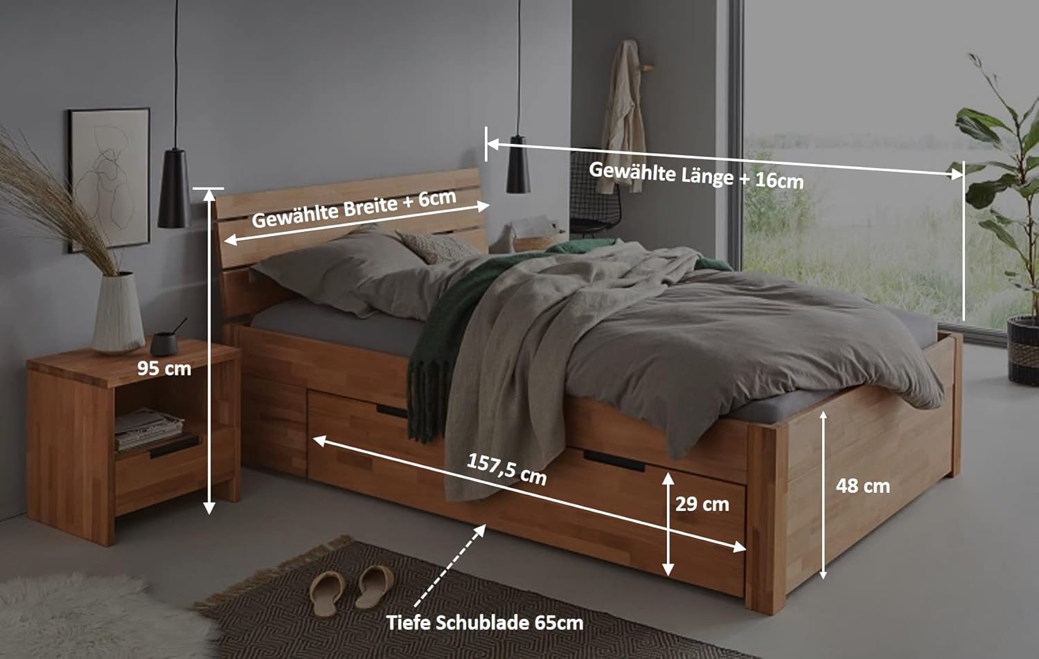 Massivholzbett 90x200 cm Einzelbett Wildeiche geölt mit Einer Schublade