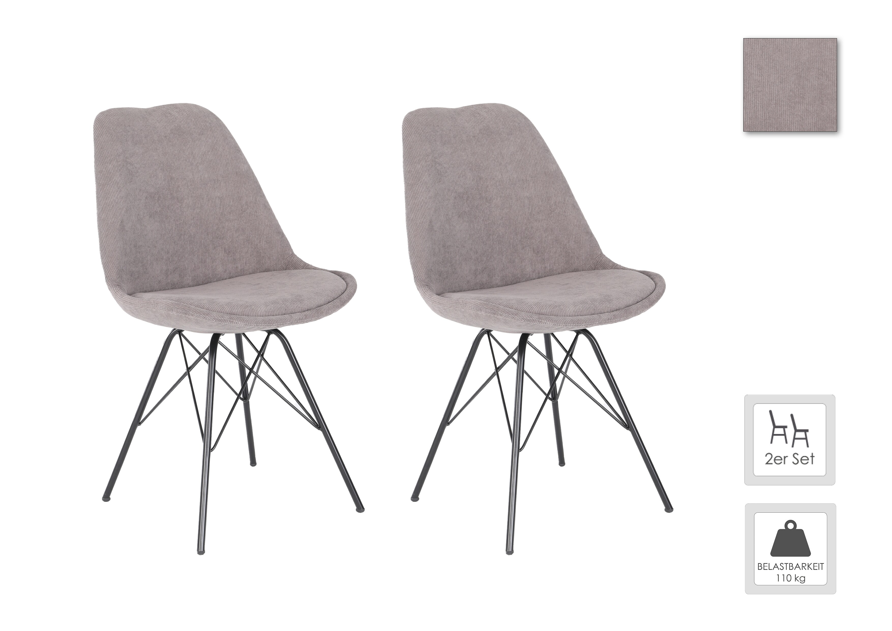 byLIVING Esszimmerstuhl RICA, 2-er Set, Cordbezug grau, Gestell Metall schwarz