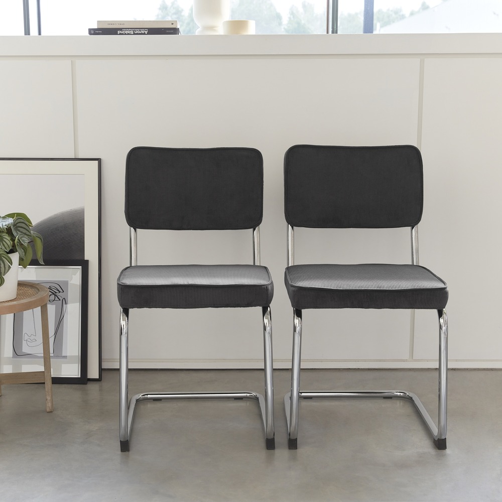 Lot de 2 chaises cantilever velours côtelé gris foncé l46 x p54.5x h84.5cm