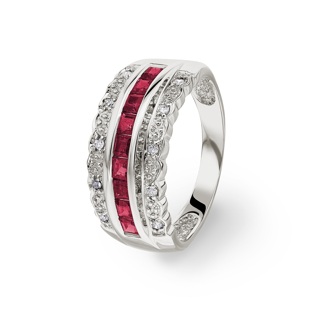 Ring 750/18 K Weissgold mit Rubinen & Diamanten 0.11 ct H/si Ø 53