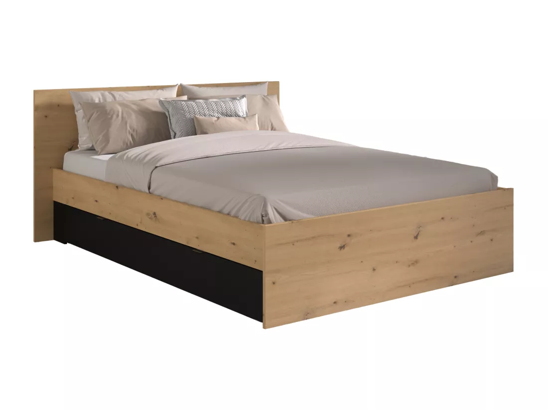Lit pont 160 x 200 cm avec rangements - Avec LEDs - Coloris : Naturel et noir + Sommier - VARLY