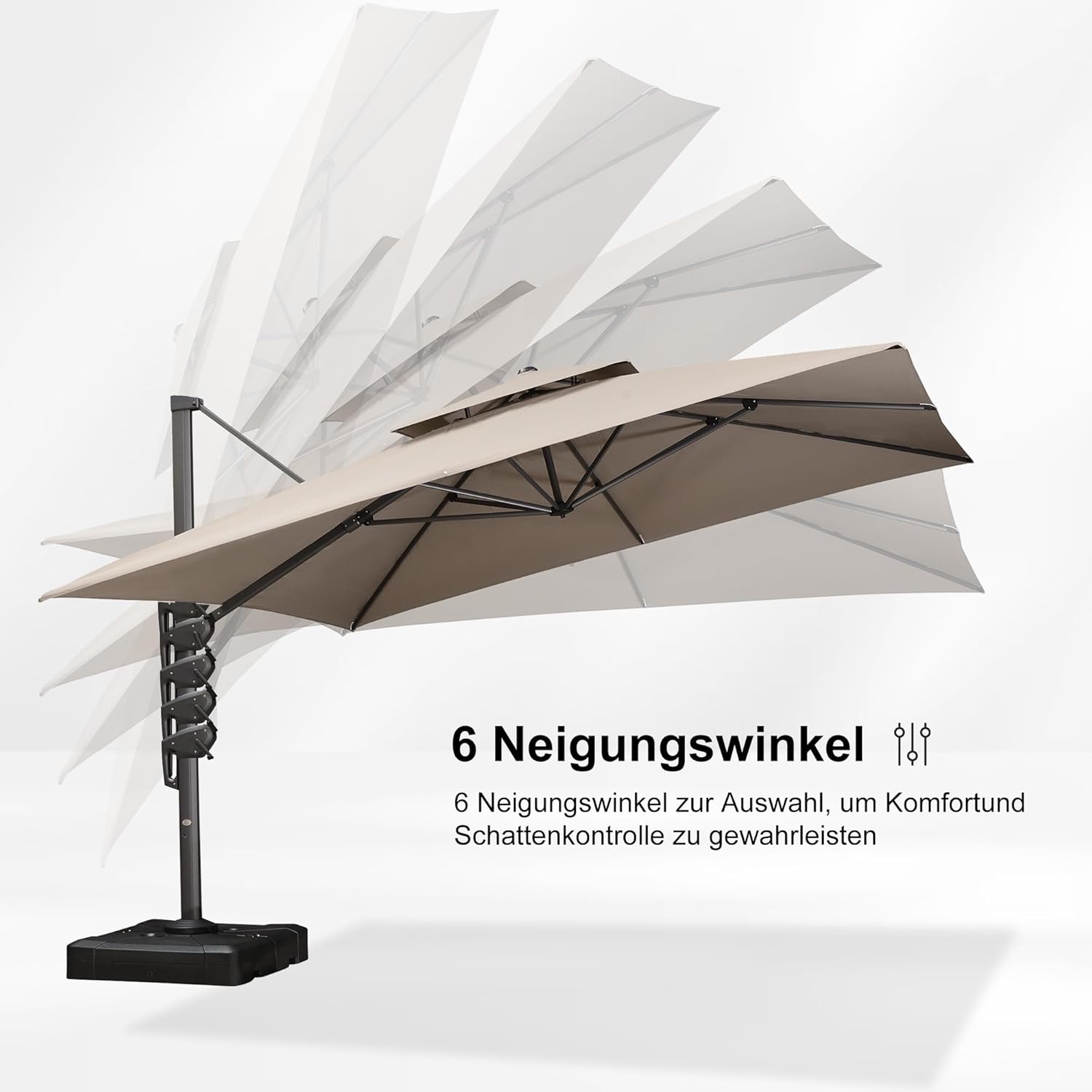 PURPLE LEAF Ampelschirm 365 x 365 cm Sonnenschirm Groß Doppeldach mit Kurbel 360° Drehbar und Neigbar, Gartenschirm aus Acrylimitat für draußen wetterfest, Asch Mokka