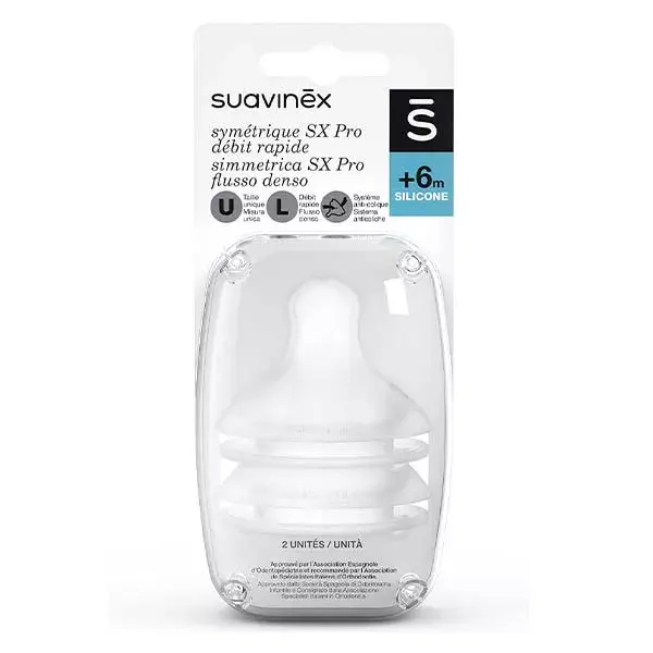 Bico de silicone simétrico Suavinex SX Pro Flow L +6m, pacote com 2 unidades.