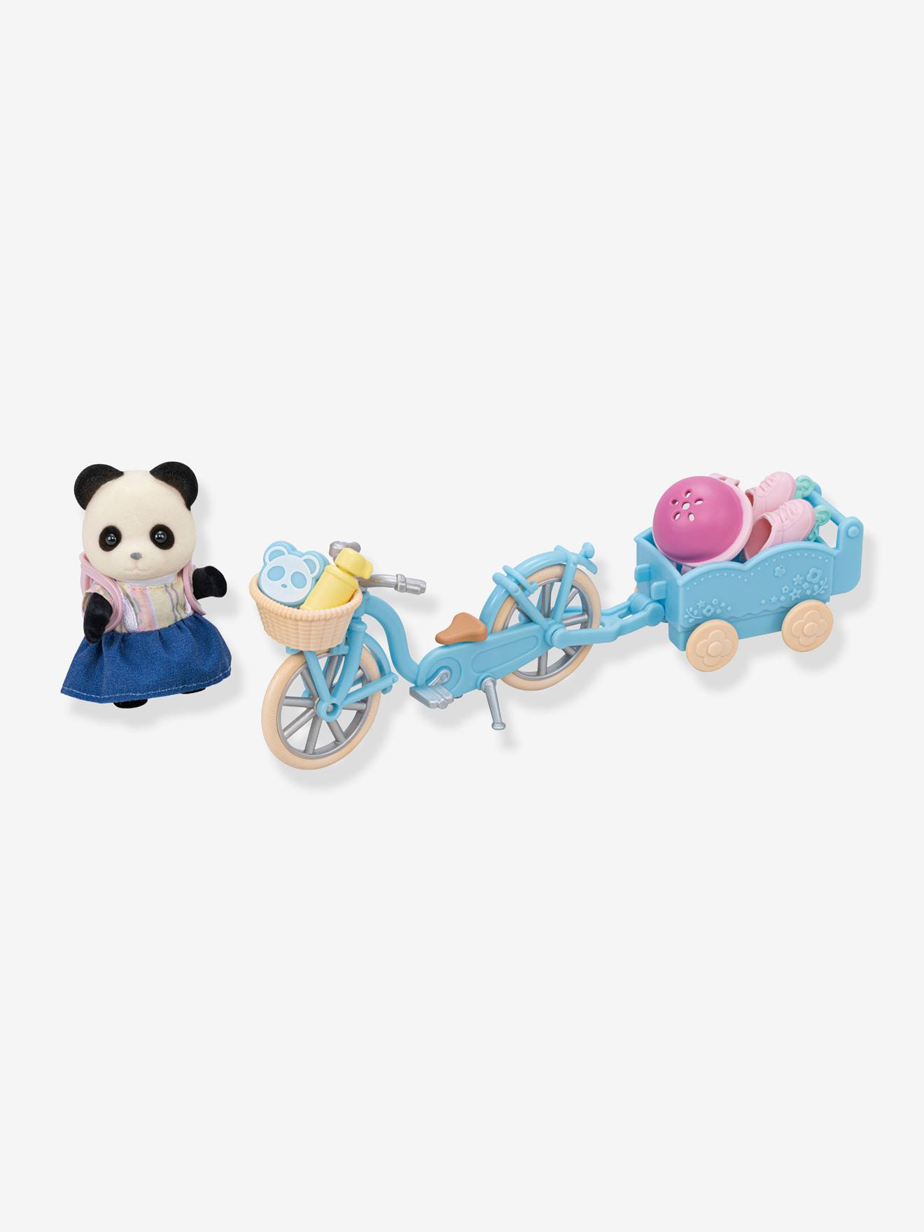 Menina panda, sua bicicleta e seu reboque