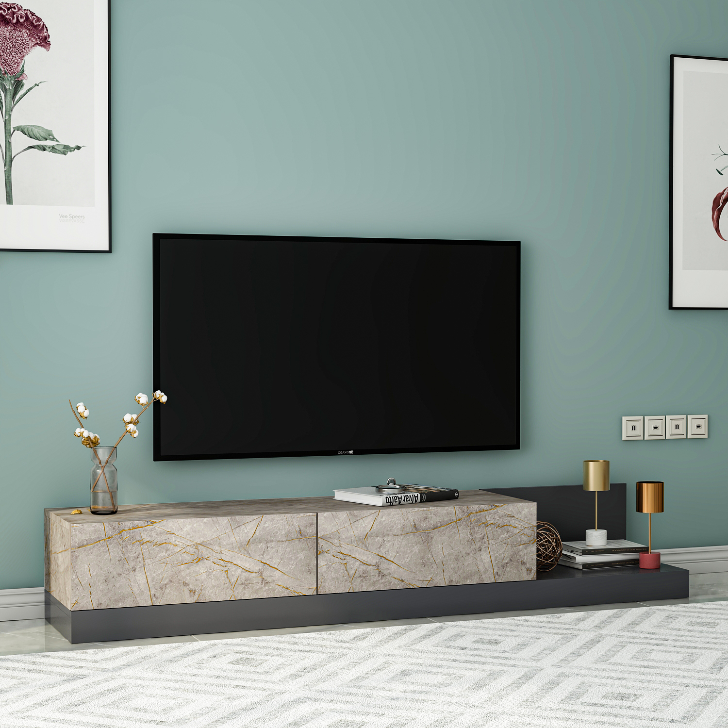 TV-Lowboard - grau-beige - Marmoroptik - 180 cm