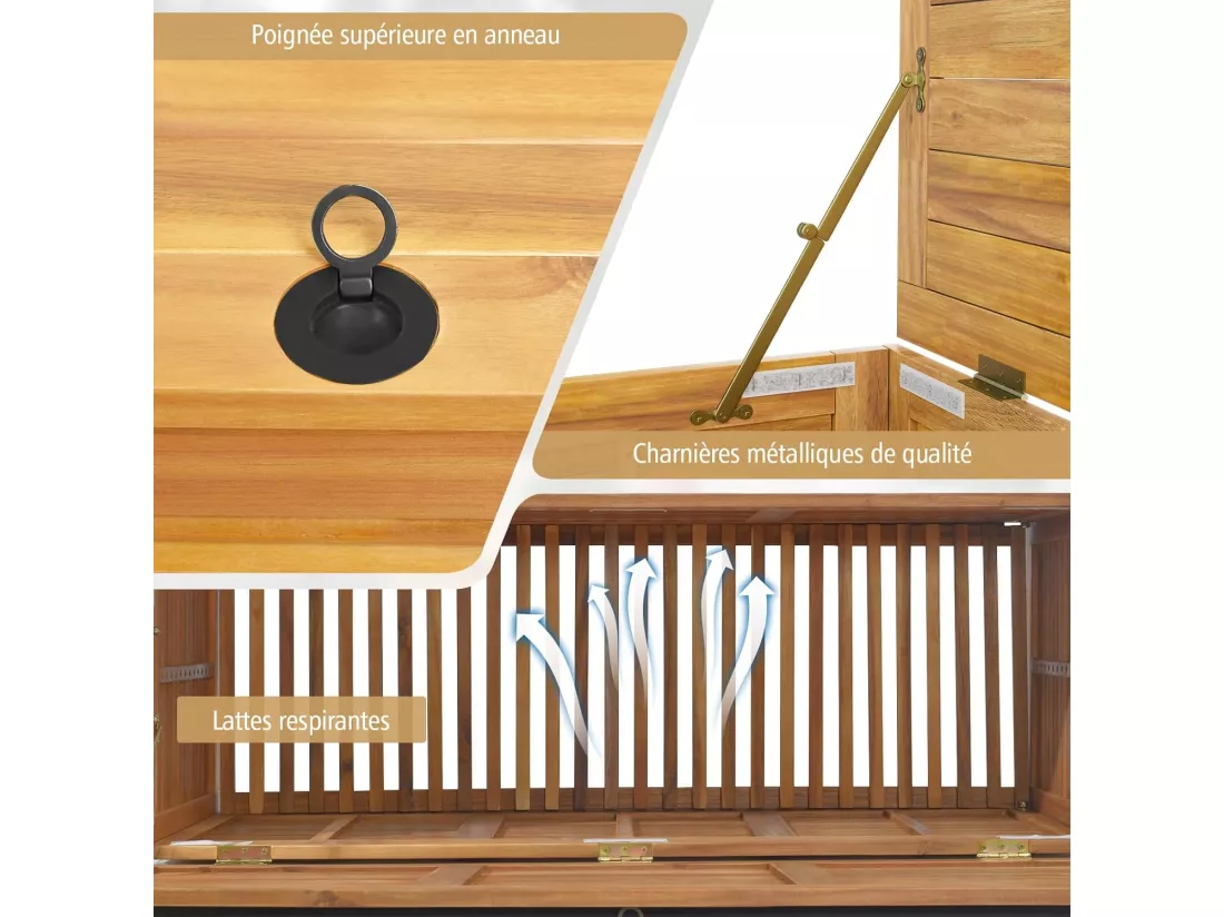 Coffre de Rangement 182L en Bois d'Acacia avec Charnière en Métal, Coffre de Jardin à Roulettes Charge 150KG 127 x 50 x 45 cm, Naturel