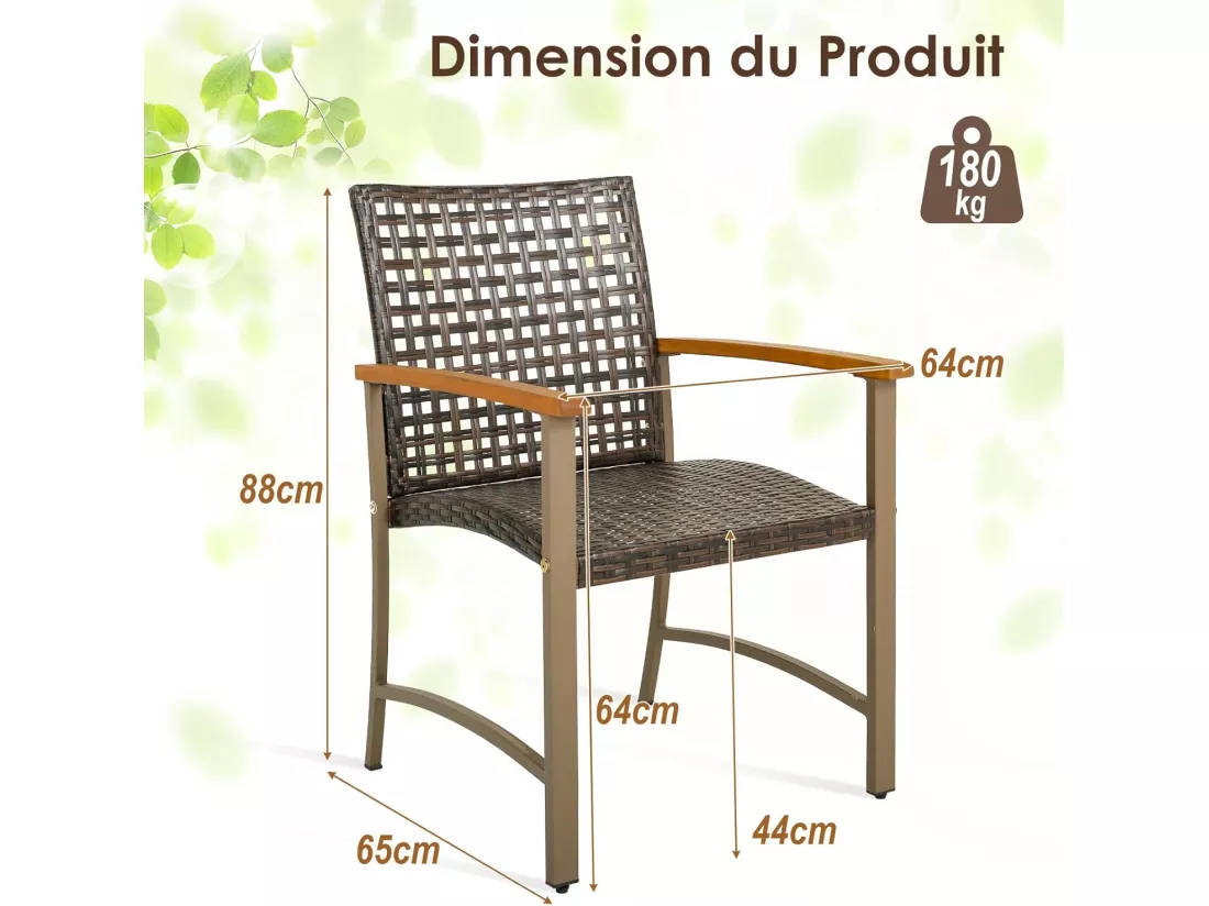 Lot de 4 Chaises de Jardin Empliables en Rotin, Fauteuil d'Extérieur avec Accoudoirs en Bois d'Acacia et Structure Métallique Robuste, pour Balcon, Cour, Bord de Piscine, Charge 180 KG