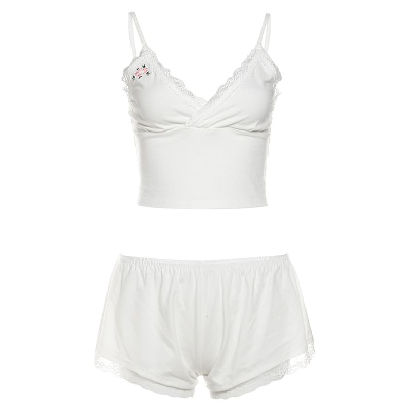 HERMITAKH - Pyjamaset: V-hals camisole top met bloemenborduursel en kanten rand + elastische taille shorts