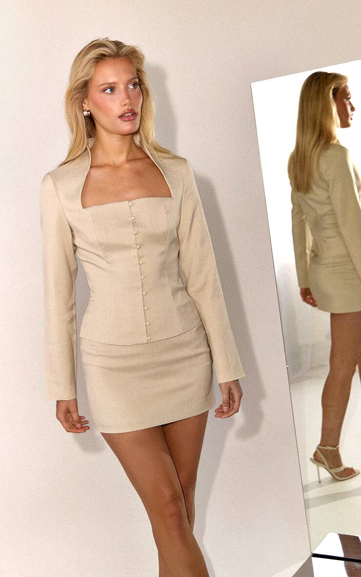 Taupe Ensemble Blazer Coordonné Col Carré Tissé Léger
