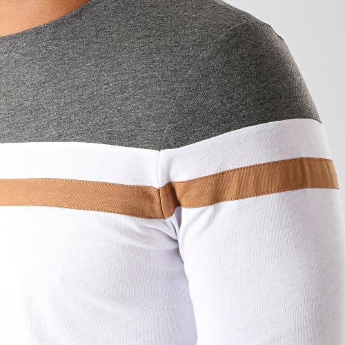 Tee Shirt Manches Longues Tricolore 844 Anthracite Blanc Camel